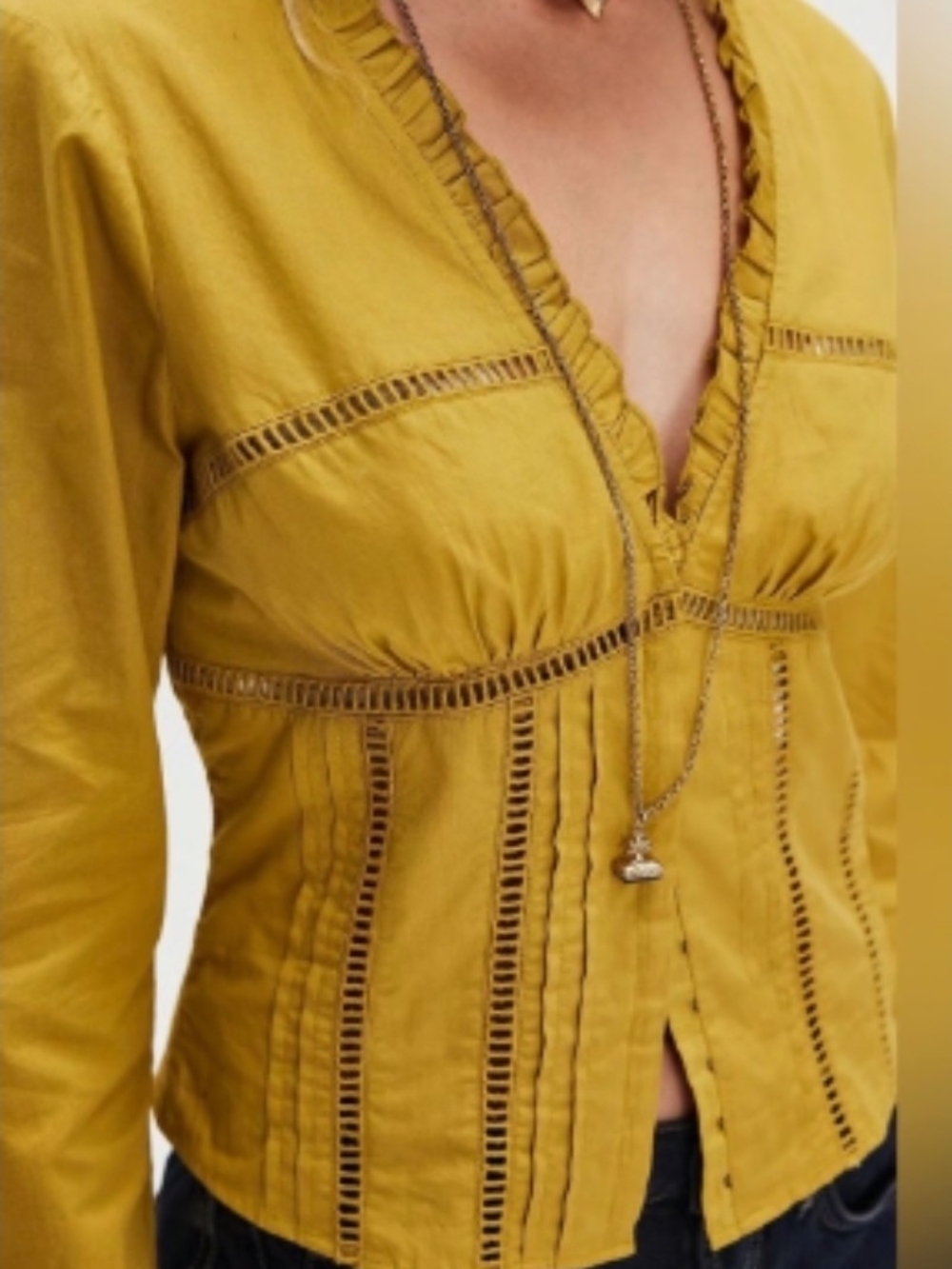 NWT Free People Frankie Long Sleeve Ladder Stitch Corset Top Mustard Ruffle S - Picture 3 of 9